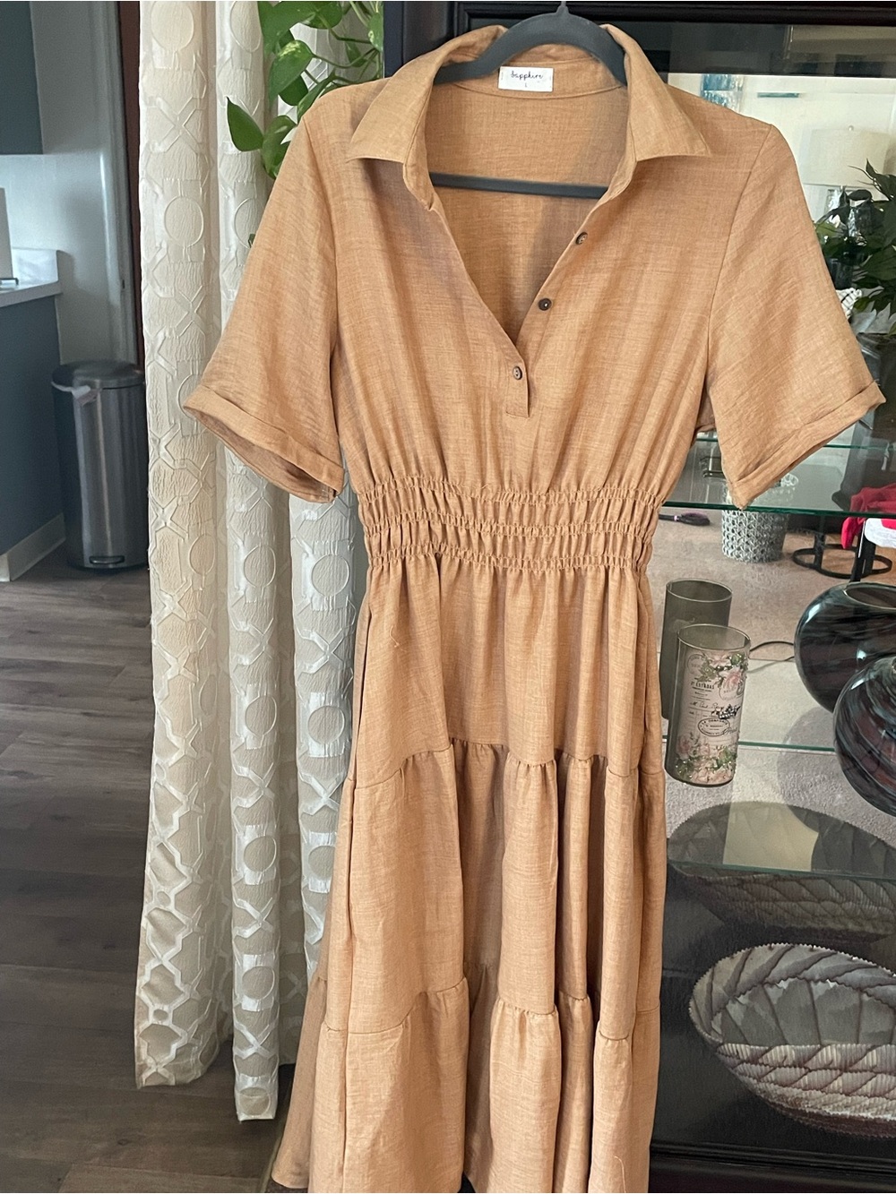 Smocked Waist Midi Shirt Dress in Tan
